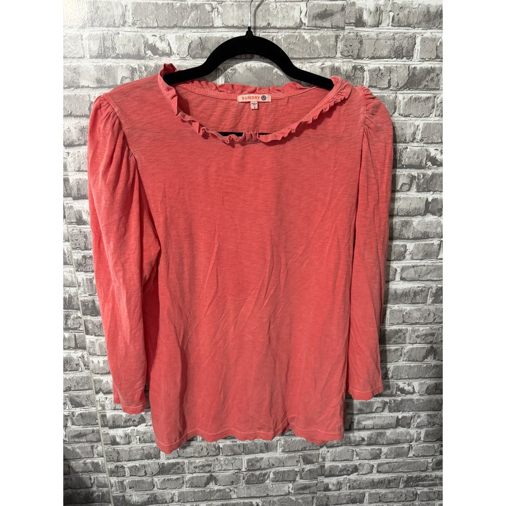 Sundry Coral Pink Ruffle Neck Puff Sleeve Slub Jersey Top Size 3 L